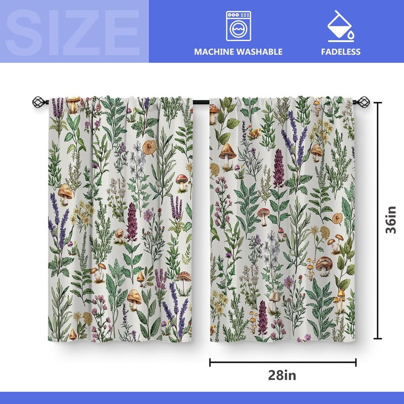 Aimego Spring Floral Kitchen Curtains - Botanical Leaf Rustic Small Short Cafe Tier Curtains for Living Room Rod Pocket Window Drapes 36 Inch Length 2 Panels Set 28"x36" - Image 3
